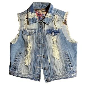 Hippie Laundry Distressed Denim Vest‎ Frayed Boho Festival Stone Wash Trucker M